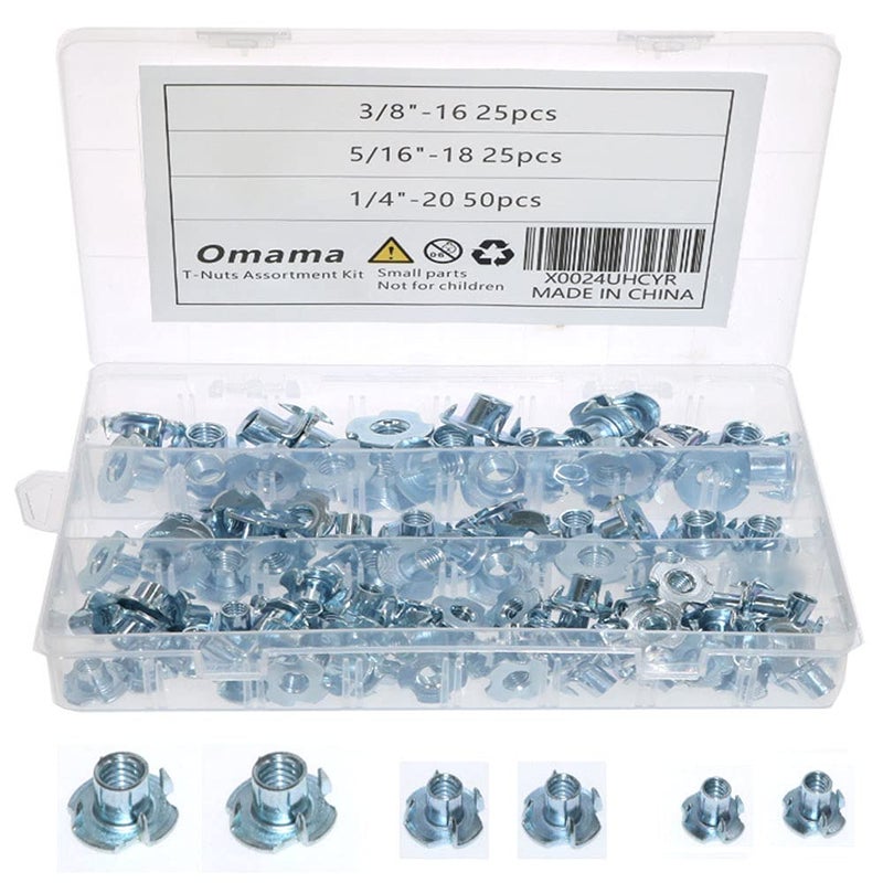 Omama T-Nut 1/4"-20,5/16"-18, 3/8"-16, (100 Pack) 4 Pronged Tee Nut Assortment Kit,for Rock Climbing Holds, Wood, Cabinetry, etc. - Image 1